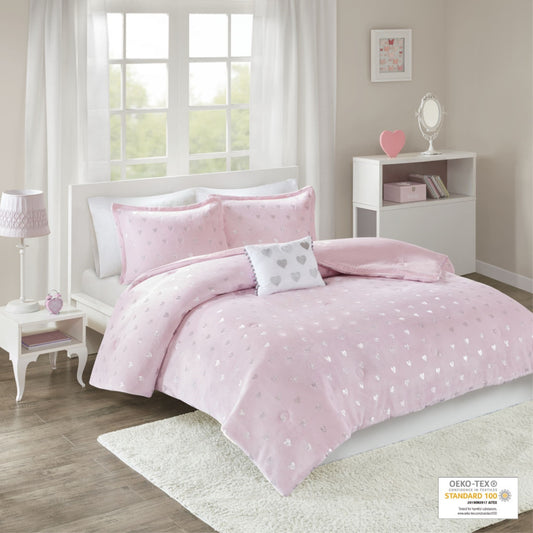 CasaFoyer Metallic Printed Plush Comforter Set - Pink with Silver Metallic Heart Print - OEKO-TEX Certified - Includes Shams and Decorative Pillow - Soft and Playful Aesthetic - Wrinkle-Free Packaging