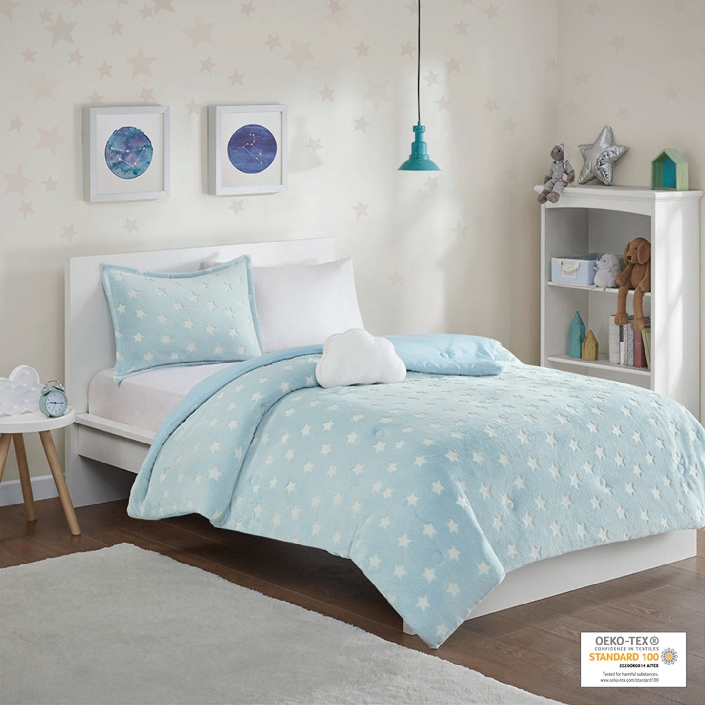 CasaFoyer Glow in the Dark Plush Comforter Set - Enchanting Bedding with Glow-in-the-Dark Stars - Soft Aqua Comforter and Shams - Cloud-Shaped Decorative Pillow - OEKO-TEX Certified - Create a Magical Starry Wonderland in Your Child's Bedroom