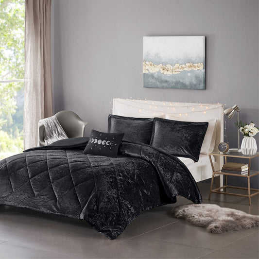 CasaFoyer Velvet Duvet Cover Set - Luxurious and Opulent Black Quilted Diamond Top - Includes Coordinating Shams and Decorative Pillow - Machine Washable - Button Closures - Corner Ties - Soft and Comfortable - Elevate Your Bedroom Decor.