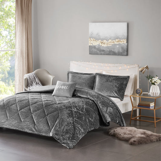 CasaFoyer 4 Piece Velvet Duvet Cover Set - Luxurious and Comfortable Grey Quilted Diamond Top - Includes Shams and Decorative Pillow - Machine Washable - Button Closures - Corner Ties - Opulent Bedroom Ensemble