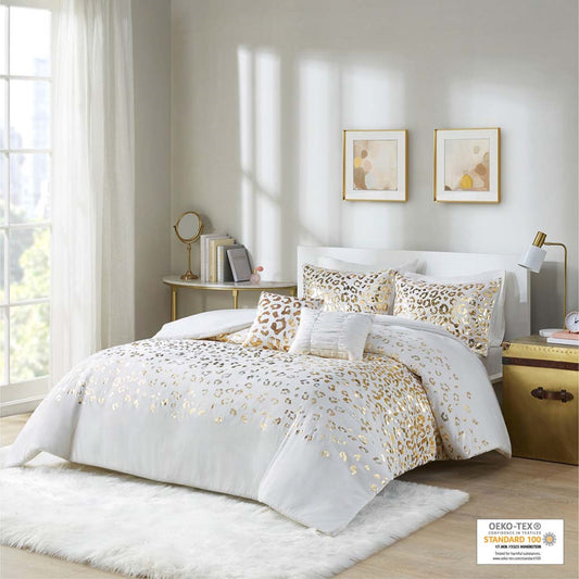 CasaFoyer Metallic Animal Printed Duvet Cover Set - Luxurious Gold Leopard Print on Ivory Base - Soft Microfiber - OEKO-TEX Certified - Antimicrobial - Button Closures - Corner Ties - Includes Shams and Decorative Pillows