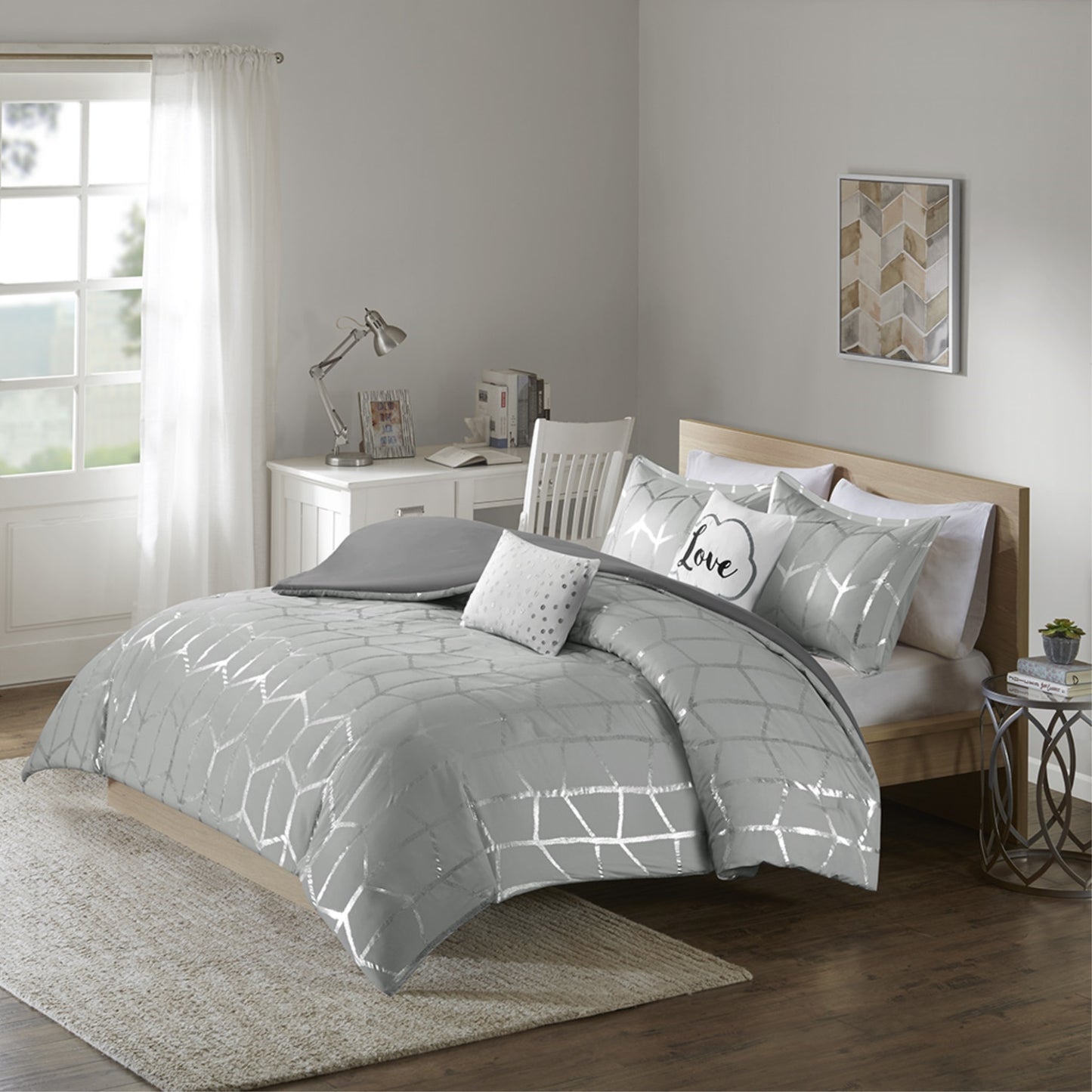 CasaFoyer CasaFoyer's Captivating Metallic Printed Duvet Cover Set - Geometric Pattern, Silver Print, Grey Backdrop - Includes Shams and Decorative Pillows - Antimicrobial, Freshness Protection - Easy Placement, No Shifting - Revitalize Your Bedroom Decor