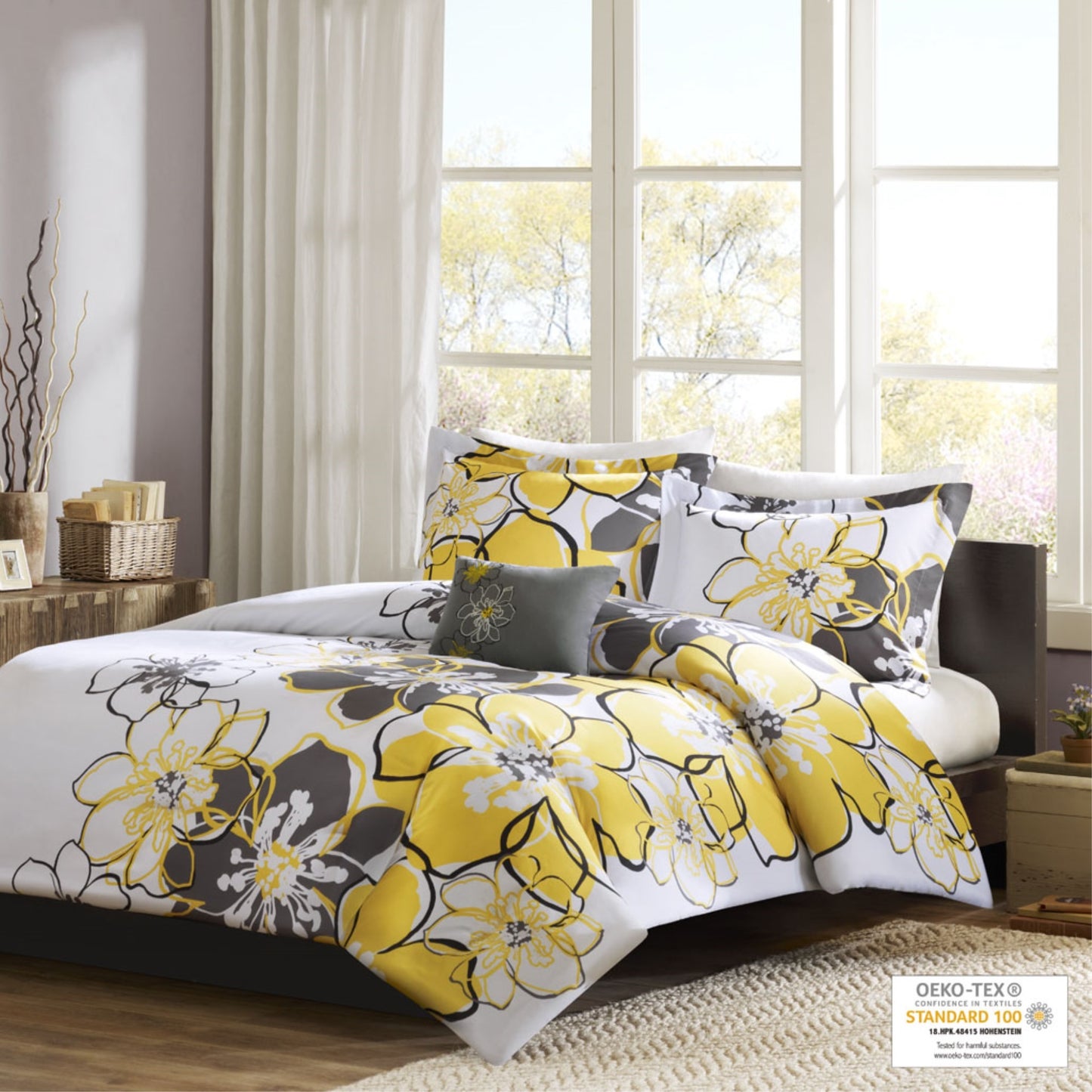 CasaFoyer Yellow and Grey Floral Duvet Cover Set - Soft and Durable Polyester Microfiber - Reversible Design - Antimicrobial Treatment - Machine Washable - Button Closure - Corner Ties - Wrinkle-Free - Twin/Twin XL Size