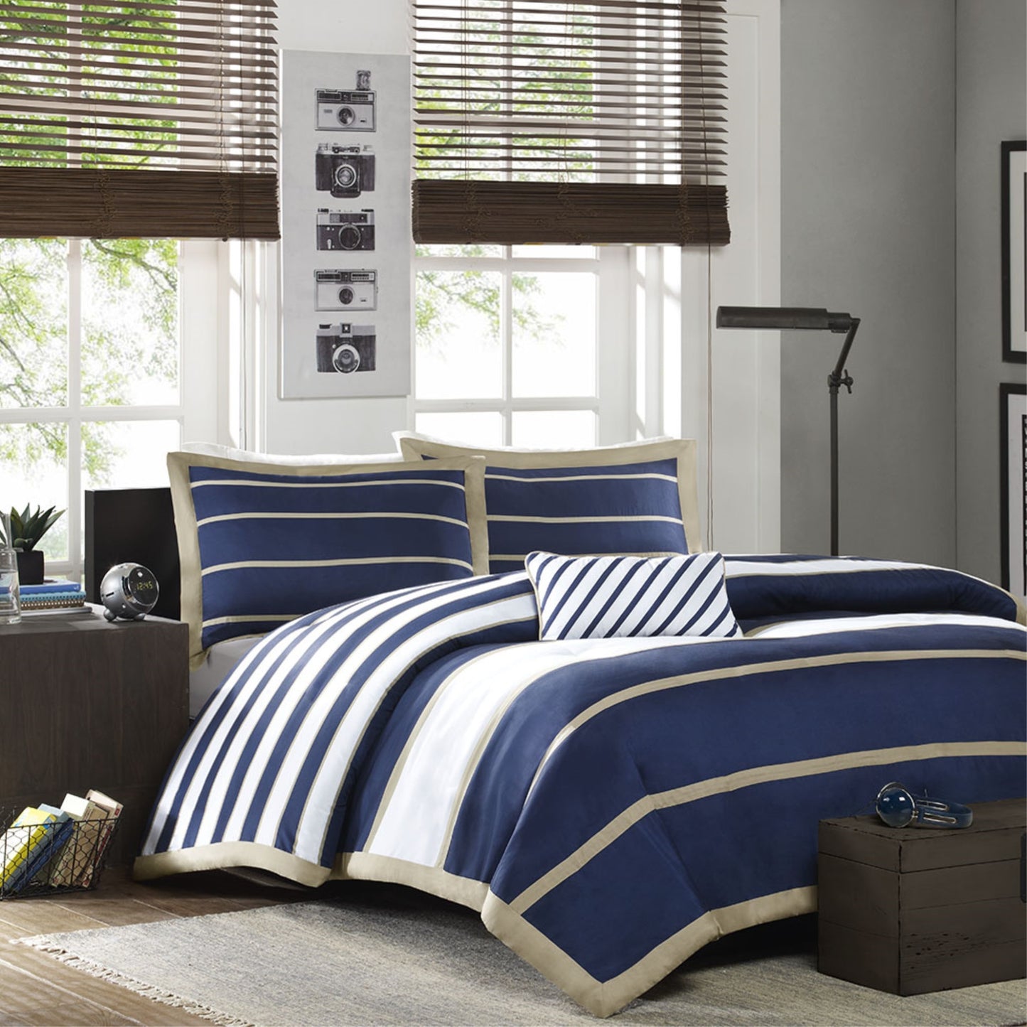 CasaFoyer Striped Duvet Cover Set with Antimicrobial Treatment - Classic Colors, Elegant Design, Freshness Protection - Includes Shams and Decorative Pillow - Wrinkle-Free and Long-Lasting - Navy, White, Khaki Stripes