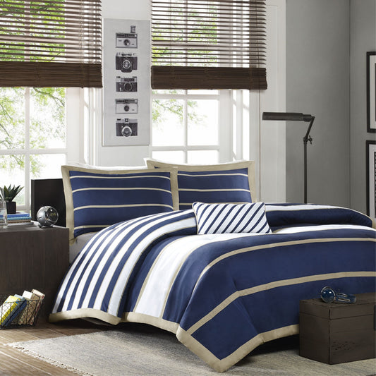 CasaFoyer Striped Duvet Cover Set with Antimicrobial Treatment - Classic Colors, Elegant Design, Freshness Protection - Includes Shams and Decorative Pillow - Wrinkle-Free and Long-Lasting - Navy, White, Khaki Stripes