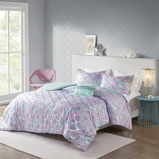 CasaFoyer Metallic Fish Scale Printed Reversible Duvet Cover Set - Aqua, Purple, Pink - Includes Shams & Decorative Pillow - Hypoallergenic & Machine Washable - Freshness Protection - Button Closures - Transform Your Bedroom Into an Enchanting Oasis