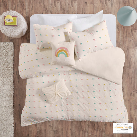 CasaFoyer Cotton Jacquard Pom Pom Duvet Cover Set - Charming and Cozy Bedding for Kids' Bedroom - OEKO-TEX Certified, Antimicrobial, Machine Washable - Includes Shams and Decorative Pillows - Twin Size