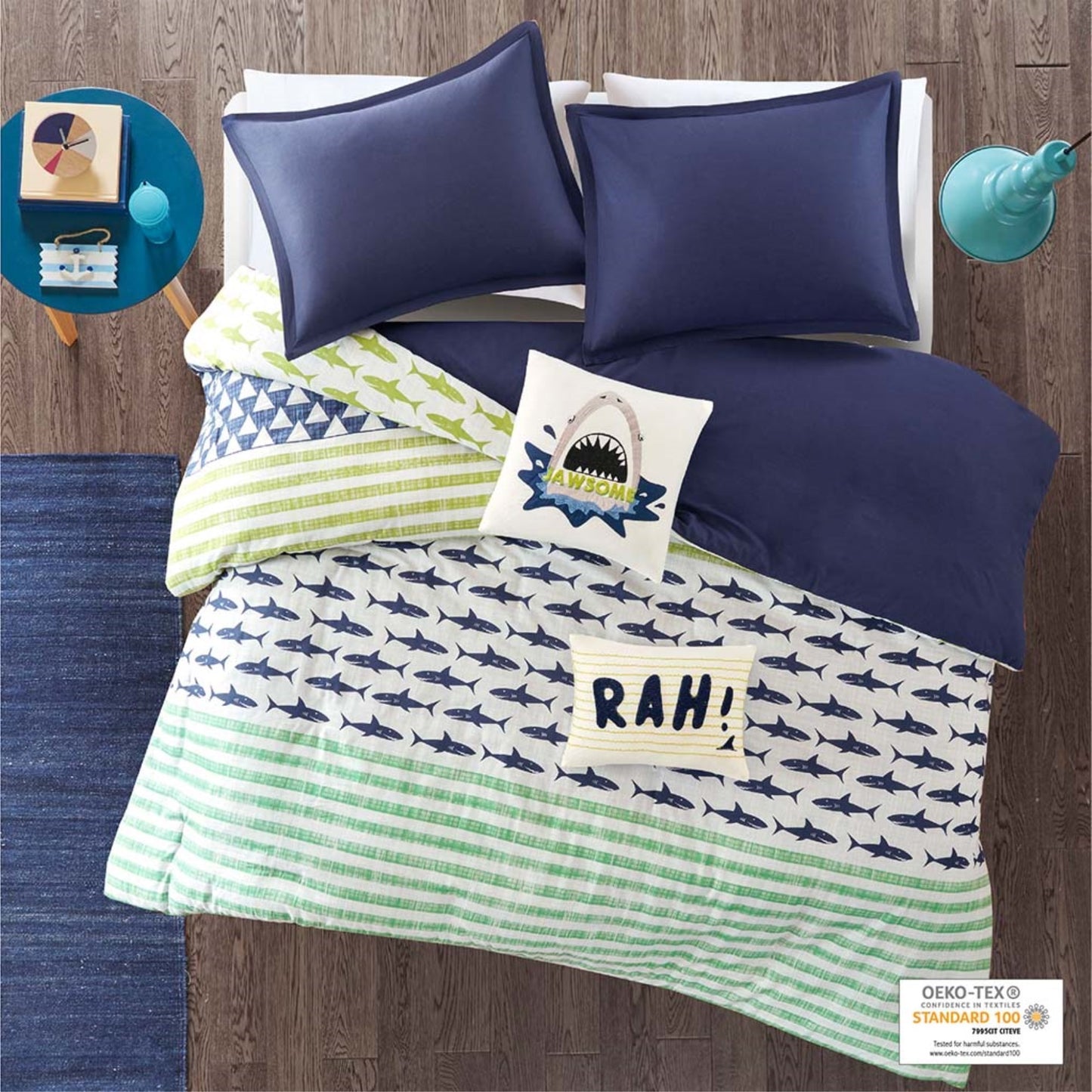 CasaFoyer Jawesome Shark Cotton Duvet Cover Set - Navy/Green Stripe Print, Twin Size, 100% Cotton, OEKO-TEX Certified, Machine Washable, Antimicrobial Treatment, Button Closure, Includes Shams and Decorative Pillows