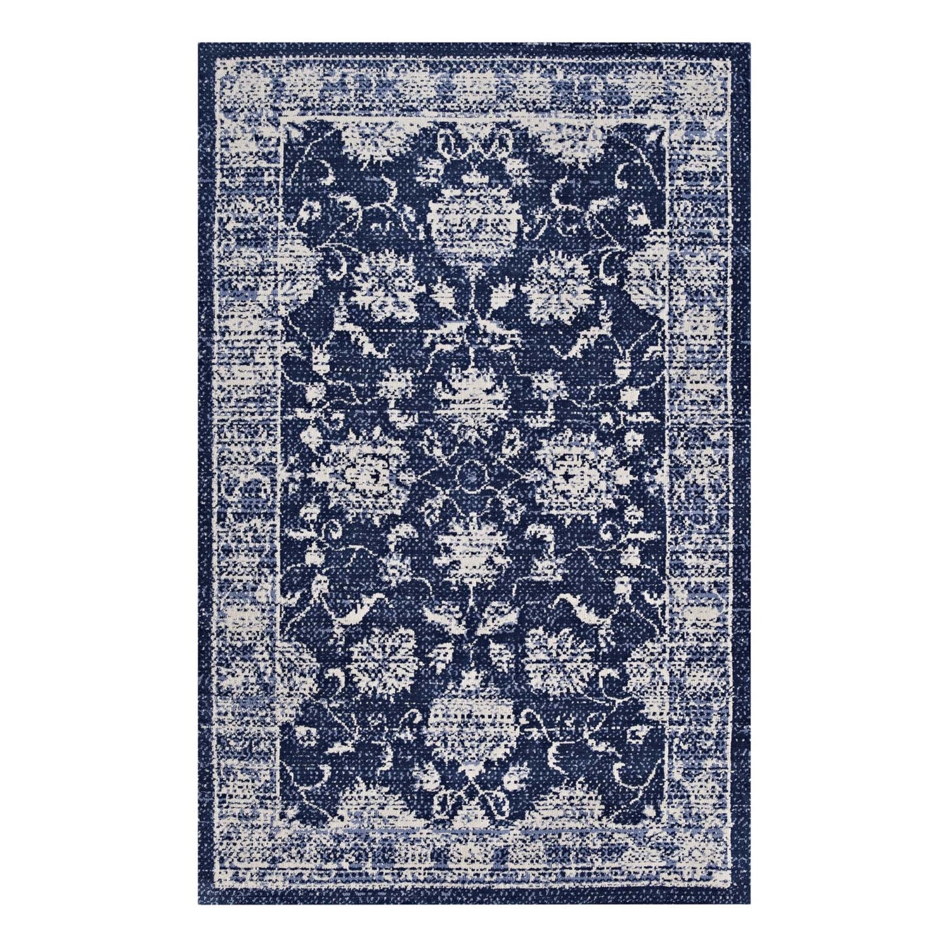 CasaFoyer Kazia Distressed Floral Lattice Area Rug - Modern Design, Soft Polyester Microfiber, Jute Bottom - Stain-Resistant, Non-Shedding - 5x8 Dark Blue/Ivory