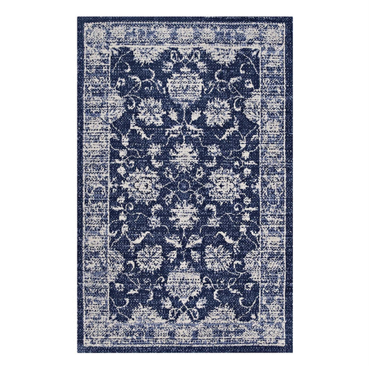 CasaFoyer Kazia Distressed Floral Lattice Area Rug - Modern Design, Soft Polyester Microfiber, Jute Bottom - Stain-Resistant, Non-Shedding - 5x8 Dark Blue/Ivory