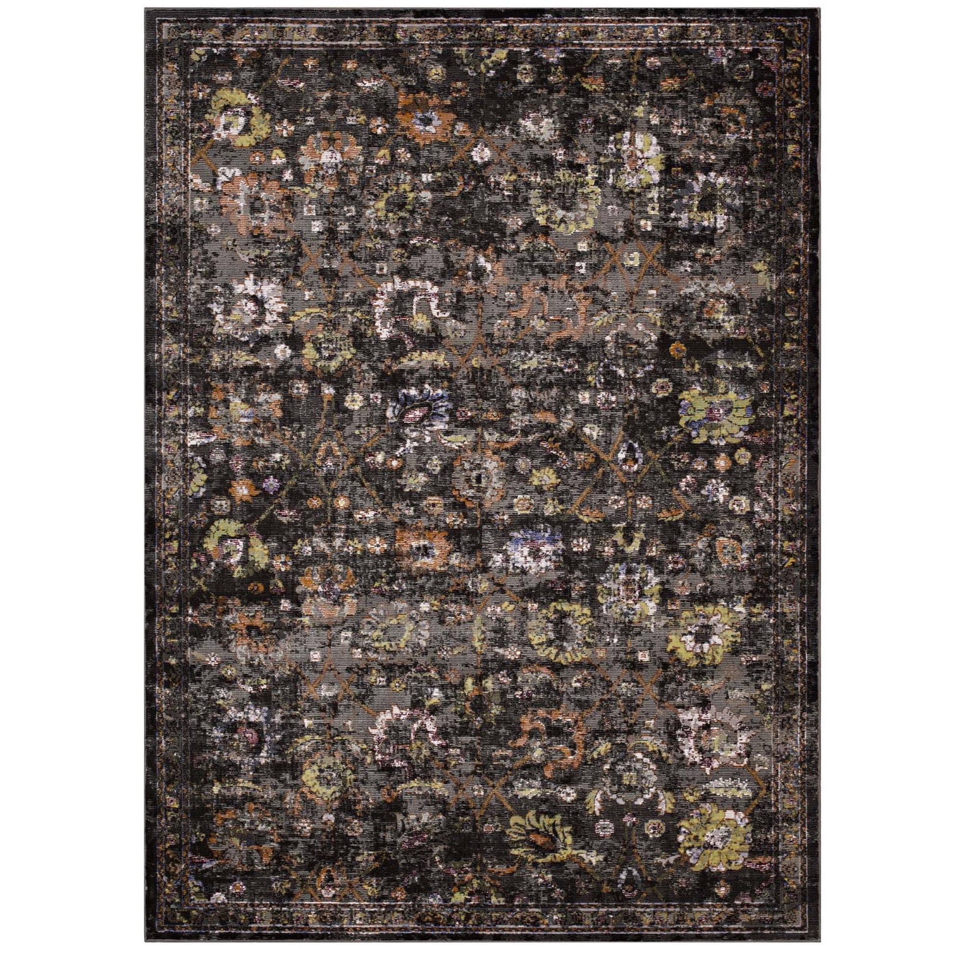 CasaFoyer Minu Distressed Floral Lattice Area Rug - Durable, Elegant Design - Rubber Bottom, Low Pile Weave - Non-Shedding, Stain Resistant - Ideal for High Traffic Areas - 4x6 Size - Black, Yellow, Orange