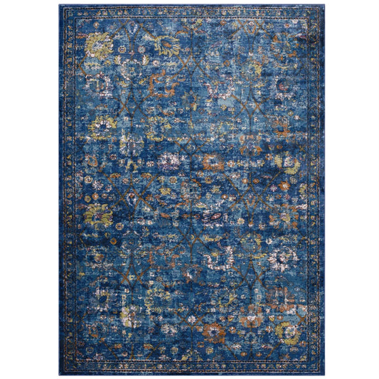 CasaFoyer Minu Distressed Floral Lattice Area Rug - Durable, Elegant Design - Rubber Bottom, Stain Resistant - 5x8 Dark Blue, Yellow, Orange