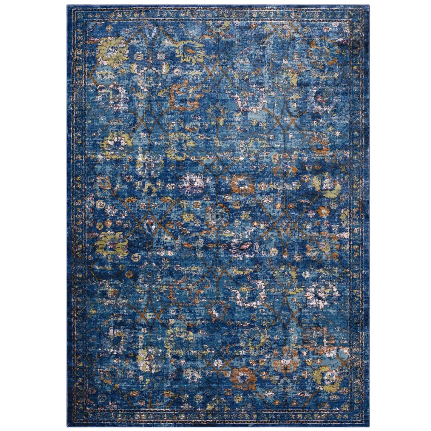 CasaFoyer Minu Distressed Floral Lattice Area Rug - Durable, Elegant Design - Ideal for High Traffic Areas - Non-Shedding, Stain-Resistant - 8x10 - Dark Blue, Yellow, Orange