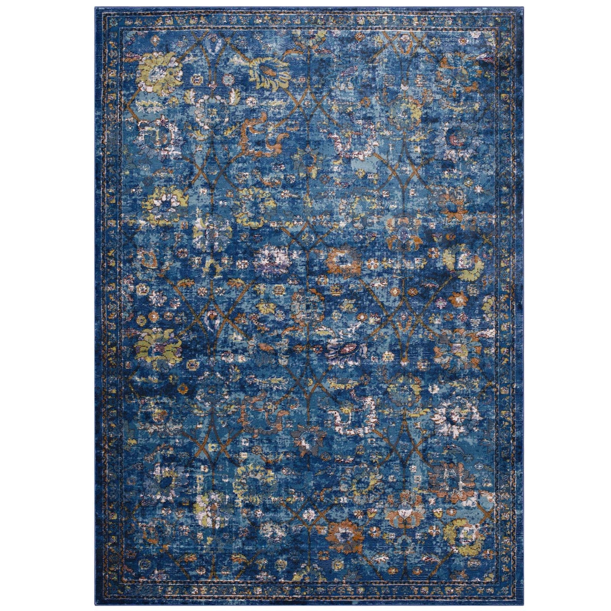 CasaFoyer Minu Distressed Floral Lattice Area Rug - Durable, Elegant Design - Ideal for High Traffic Areas - Non-Shedding, Stain-Resistant - 8x10 - Dark Blue, Yellow, Orange