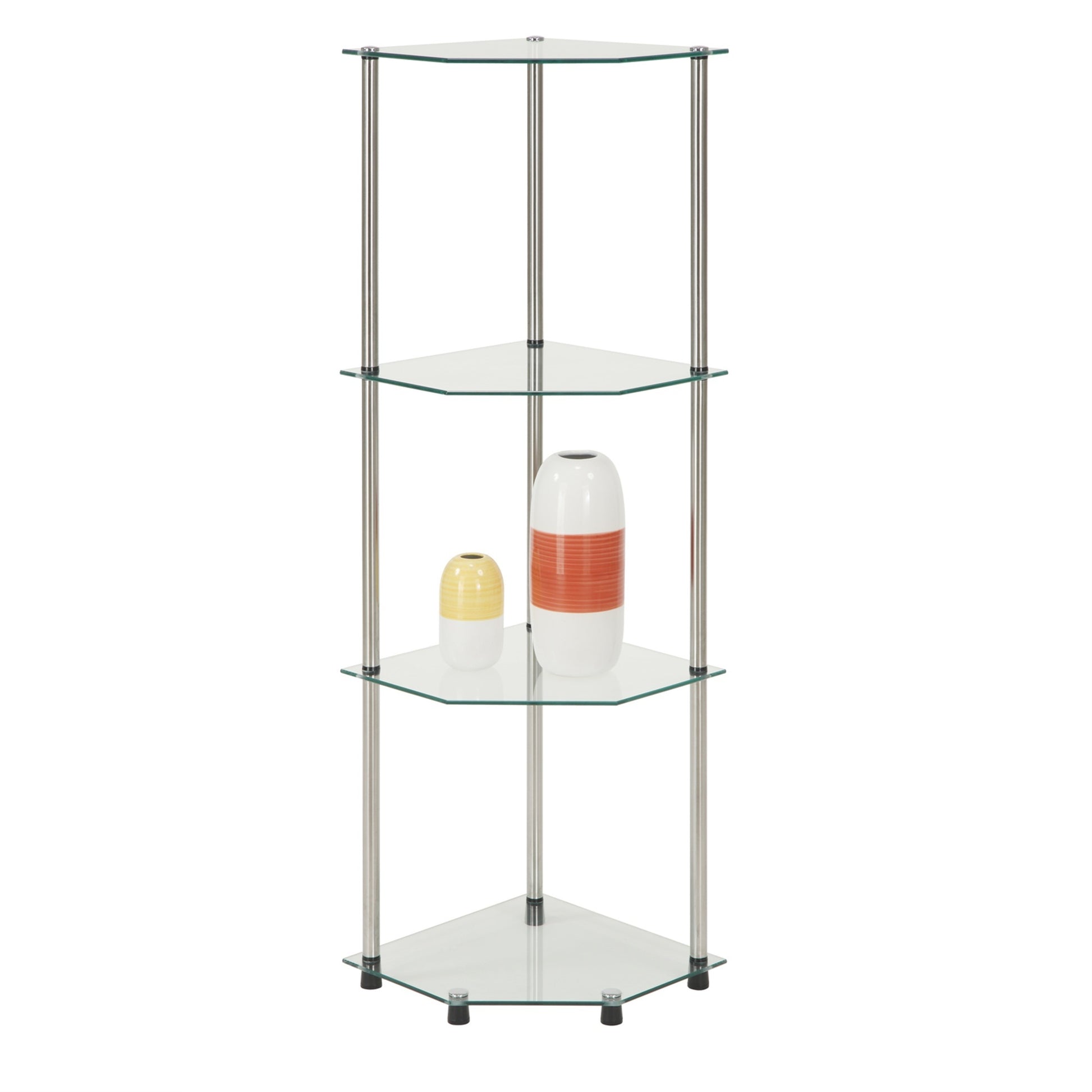 CasaFoyer Designs2Go Classic Glass 4 Tier Corner Shelf - Sleek & Sturdy Tempered Glass Shelves, Stainless Steel Legs - Easy Assembly & Minimal Maintenance - Perfect for Any Room - Collection