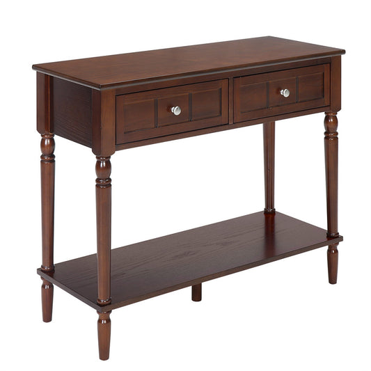 CasaFoyer French Country 2 Drawer Hall Table with Shelf - Sophisticated and Elegant Design, Discreet Storage, Real Wood Veneer, Beveled Table Top, Carved Drawer, Stainless Steel Knobs, Turned Legs.