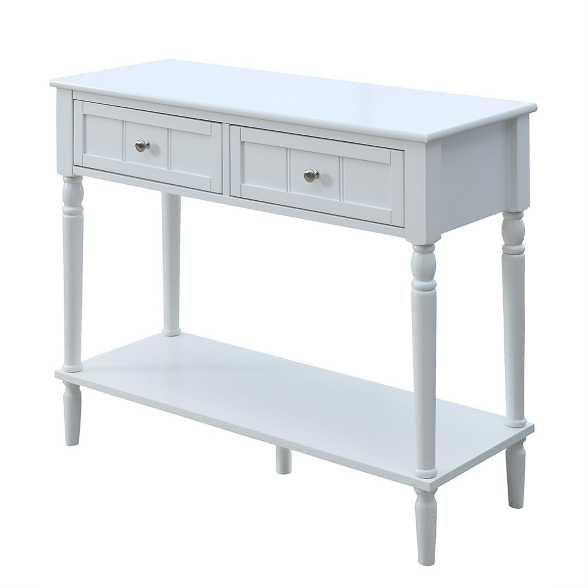 CasaFoyer French Country 2 Drawer Hall Table with Shelf - Elegant and Sophisticated | Discreet Storage | Real Wood Veneer | Beveled Table Top | Carved Drawers | Stainless Steel Knobs | Turned Legs | Enhance Your Home Decor