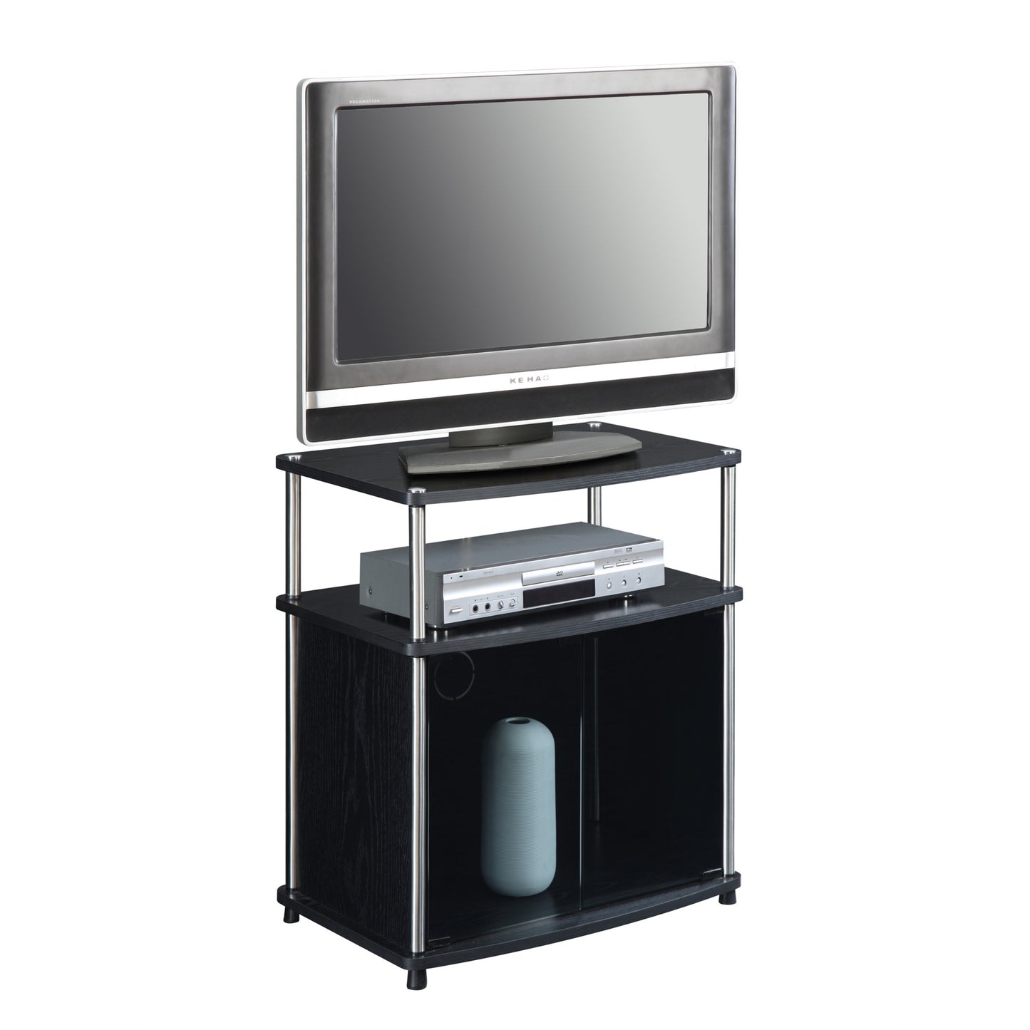 CasaFoyer Designs2Go TV Stand - Small Space Solution with Black Glass Cabinet & Shelf. Durable, Easy to Maintain. Magnetic Doors, Rust-Resistant Poles. Cable Management. No Tools Assembly.