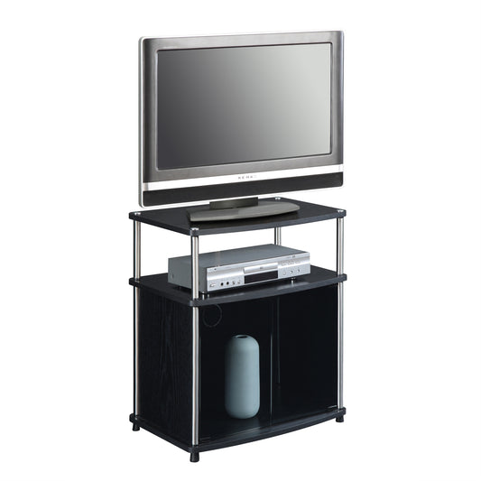 CasaFoyer Designs2Go TV Stand - Small Space Solution with Black Glass Cabinet & Shelf. Durable, Easy to Maintain. Magnetic Doors, Rust-Resistant Poles. Cable Management. No Tools Assembly.