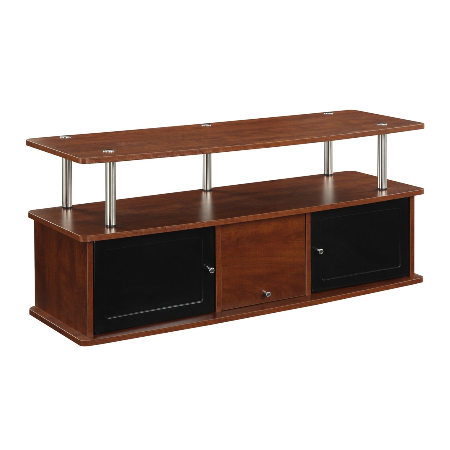 CasaFoyer Designs2Go TV Stand - 3 Storage Cabinets, Shelf - Woodgrain Veneer, Stainless-Steel Poles - Easy Assembly - Entertainment Area Enhancer
