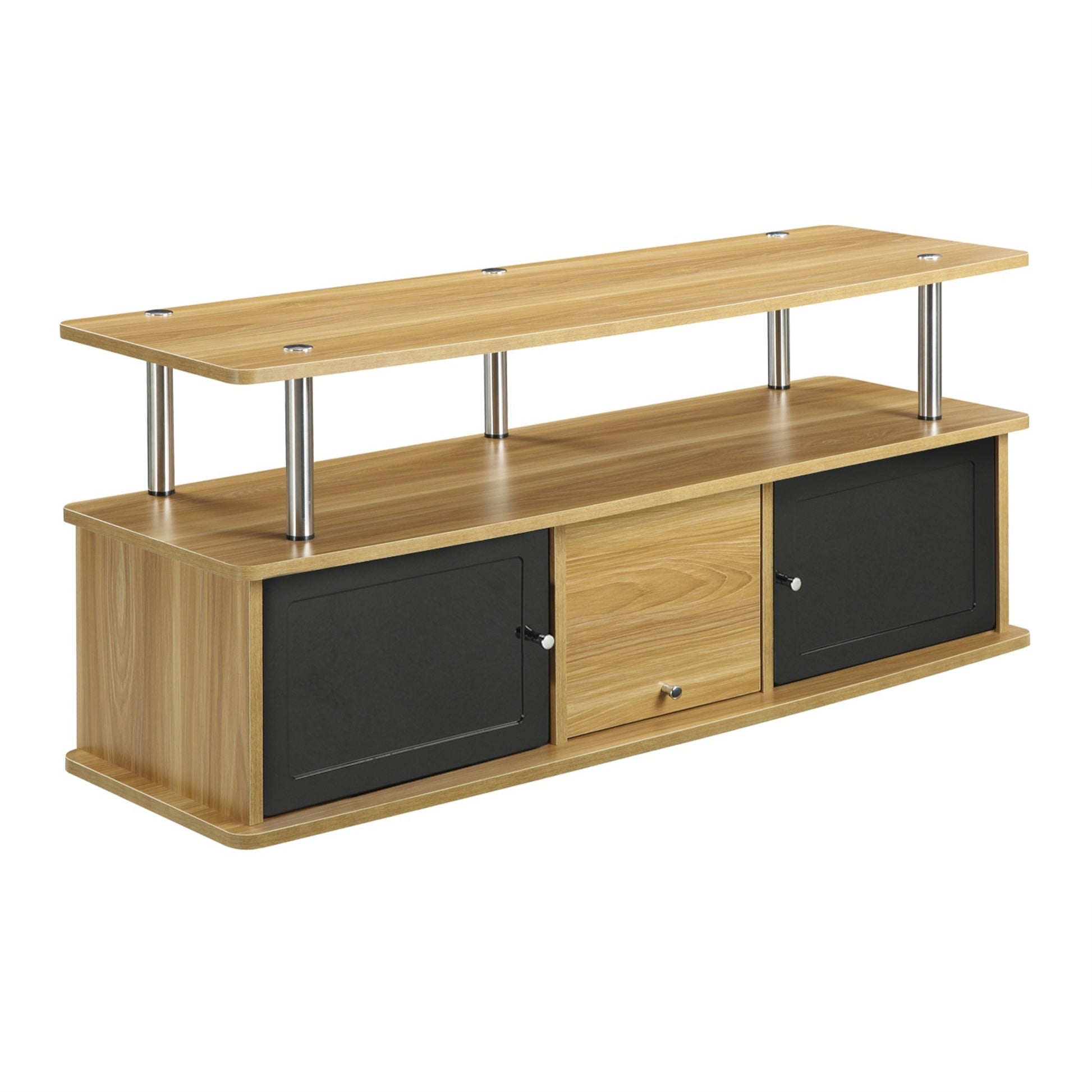 CasaFoyer Designs2Go TV Stand - 3 Storage Cabinets, Shelf - Durable Woodgrain Veneer - Easy Setup - Perfect for DVDs, Gaming Consoles - Rust-Resistant Stainless-Steel Poles