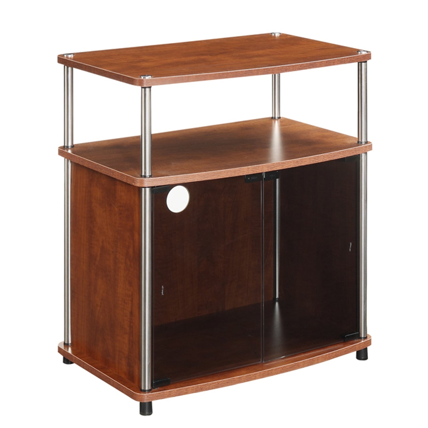 CasaFoyer Designs2Go TV Stand with Black Glass Cabinet & Shelf - Modern Contemporary Style, Durable Woodgrain Finish, Magnetic Doors, Rust-Resistant Poles, Cable Management Hole - Easy Assembly