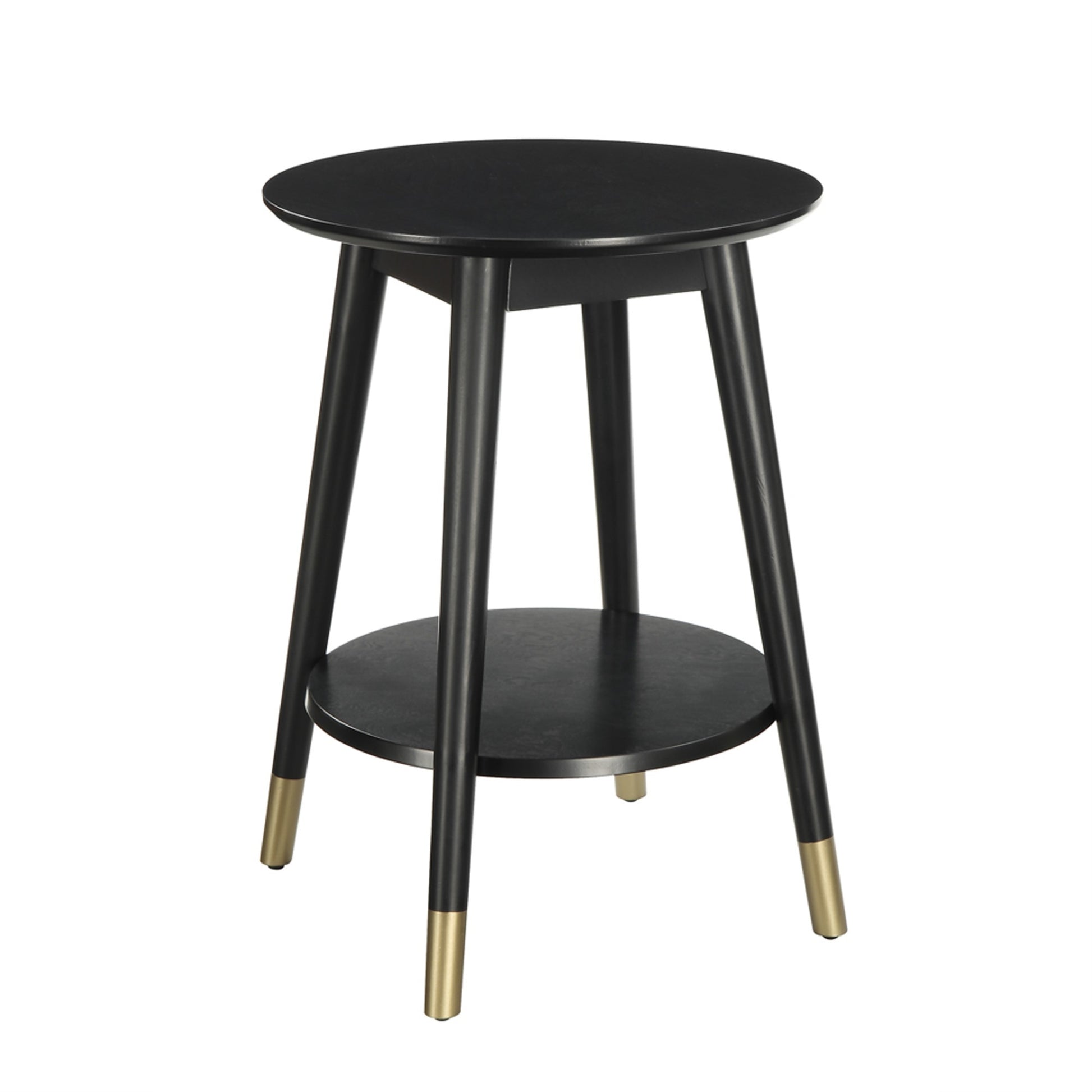 CasaFoyer Wilson Mid Century Round End Table with Shelf - Stylish, Modern Design with Durable Solid Rubberwood Legs - Gold Leg Tips for a Striking Contrast - Enhance Your Home Decor - Savannah Collection