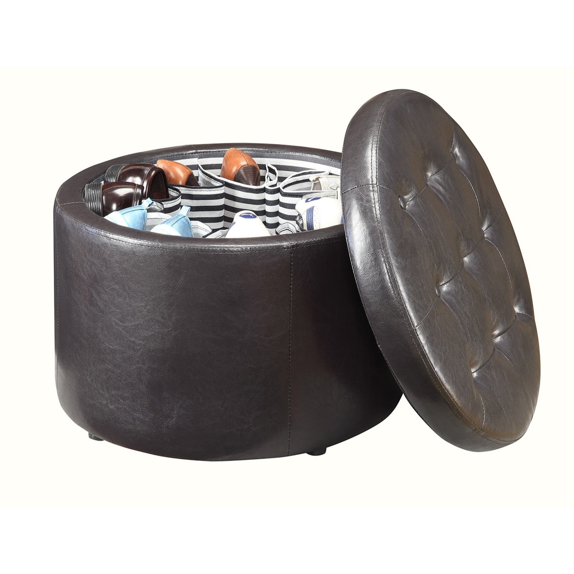 CasaFoyer Designs4Comfort Round Shoe Storage Ottoman - Stylish and Organized Solution for Scattered Shoes - 12 Compartments and Additional Space for Accessories - Button Tufted Lid and High-Quality Fabrics
