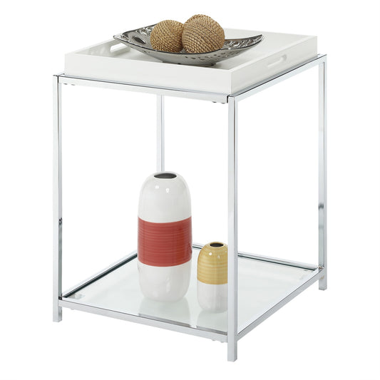 CasaFoyer Palm Beach End Table with Shelf, Removable Trays & Reversible Tray - Elegant, Colorful, Tempered Glass Shelves, MDF Tray with Cut-Out Handles, Chrome-Plated Steel Frame.