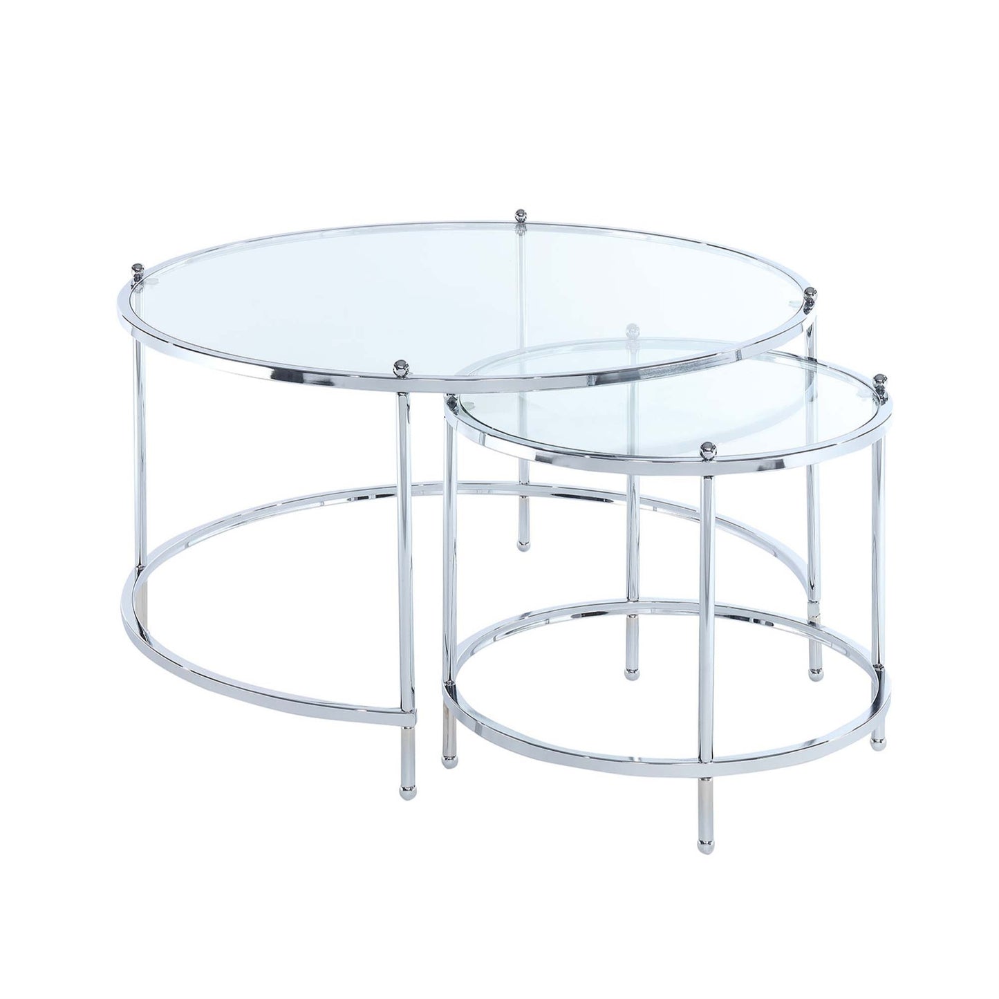 CasaFoyer Royal Crest Nesting Round Glass Coffee Tables - Stylish & Functional 2 Piece Set | Chromed Metal & Tempered Clear Glass | Multi-Level Display | Easy Assembly | Perfect for Saving Space | Part of Royal Crest Collection