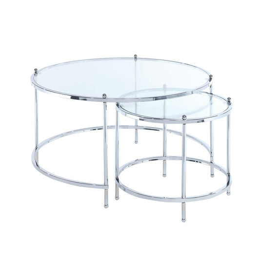 CasaFoyer Royal Crest Nesting Round Glass Coffee Tables - Stylish & Functional 2 Piece Set | Chromed Metal & Tempered Clear Glass | Multi-Level Display | Easy Assembly | Perfect for Saving Space | Part of Royal Crest Collection