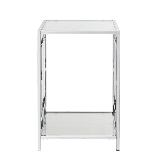 CasaFoyer Town Square Chrome End Table with Shelf - Geometric Design, Sleek Silhouette, Tempered Glass and Faux Marble Shelves, Easy Assembly