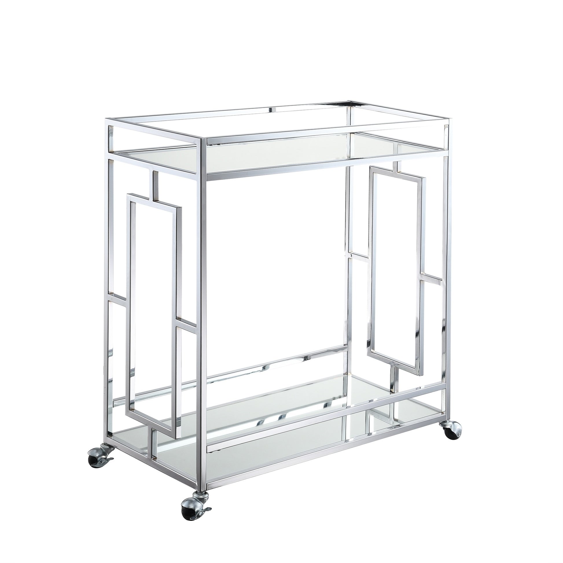 CasaFoyer Town Square 2 Tier Bar Cart - Glamorous Style, Clear Glass & Mirrored Shelves, Portable with Lockable Wheels, Chromed Metal Construction