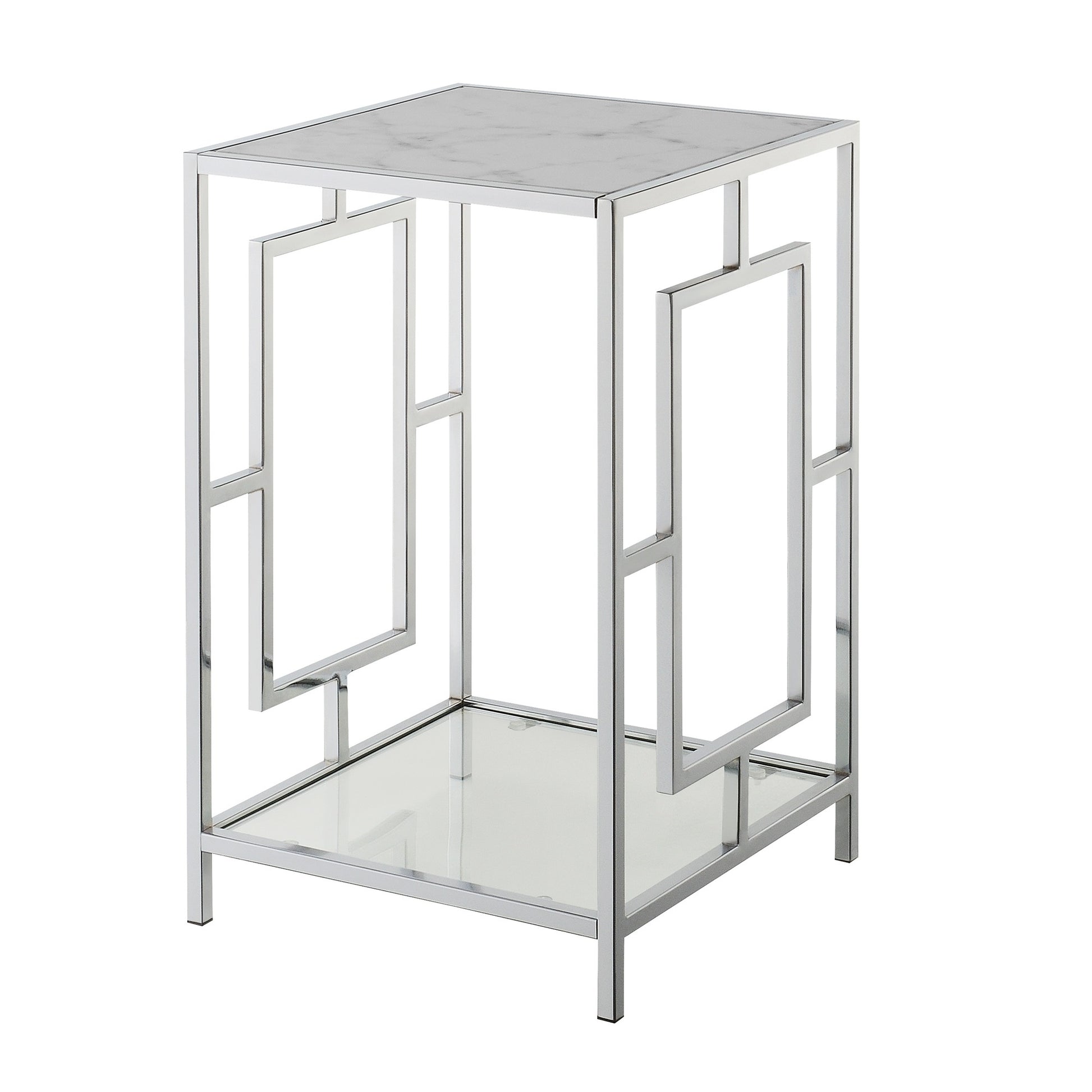 CasaFoyer Town Square Chrome End Table with Shelf - Geometric Design, Faux Marble Top, Tempered Glass Bottom, Easy Assembly - Enhance Your Living Area