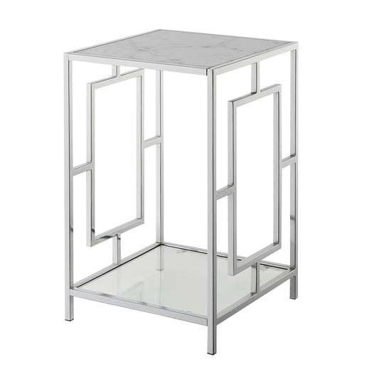 CasaFoyer Town Square Chrome End Table with Shelf - Geometric Design, Faux Marble Top, Tempered Glass Bottom, Easy Assembly - Enhance Your Living Area