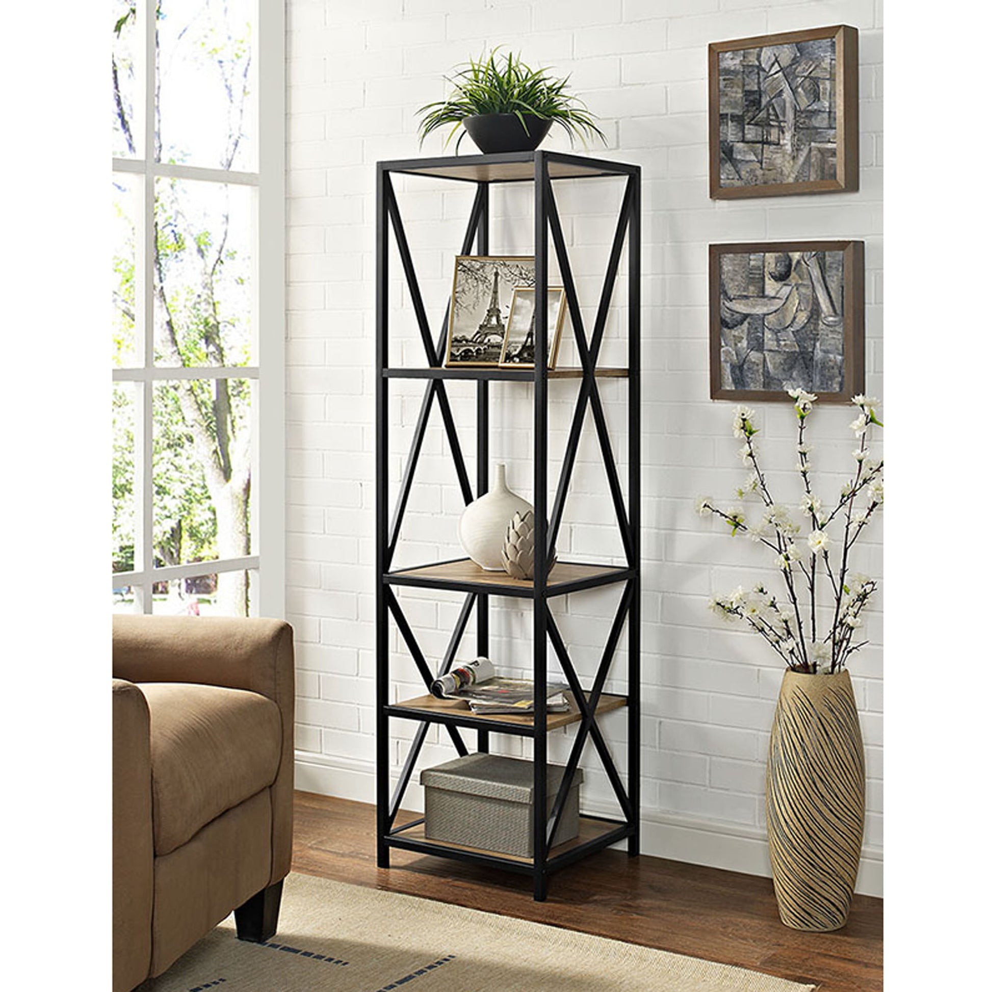 CasaFoyer Elegant 61" Tall Bookshelf - High-Quality MDF & Metal - Sleek X-Frame Design - Display Books, Magazines, & Media - Durable & Stylish - Barnwood