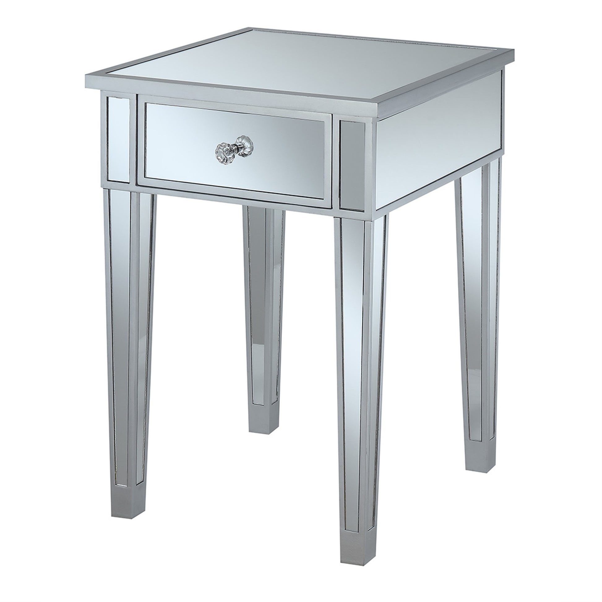 CasaFoyer Gold Coast Mirrored 1 Drawer End Table - Classy & Contemporary Design, Fir Wood Base, Glass Mirror Inlay, Faux Crystal Drawer Pulls. Perfect for any room.