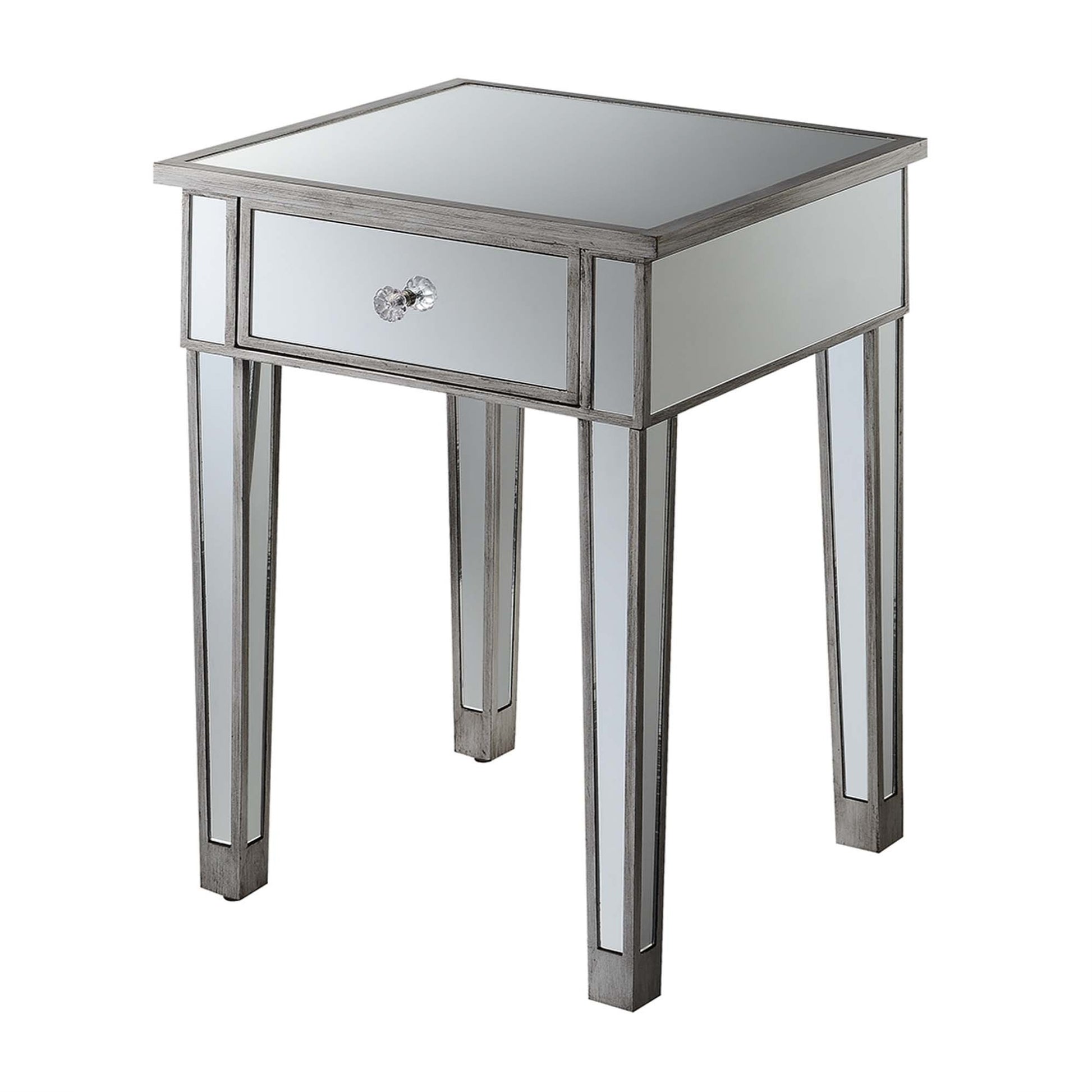 CasaFoyer Gold Coast Mirrored End Table with 1 Drawer - Classy & Contemporary Design, Fir Wood Base, Glass Mirror Inlay, Faux Crystal Pulls - Gold Coast Collection