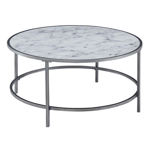 CasaFoyer Luxury Gold Coast Faux Marble Round Coffee Table - Elegant Design, Durable MDF Top, Silver Metal Frame - Easy Assembly - CasaFoyer