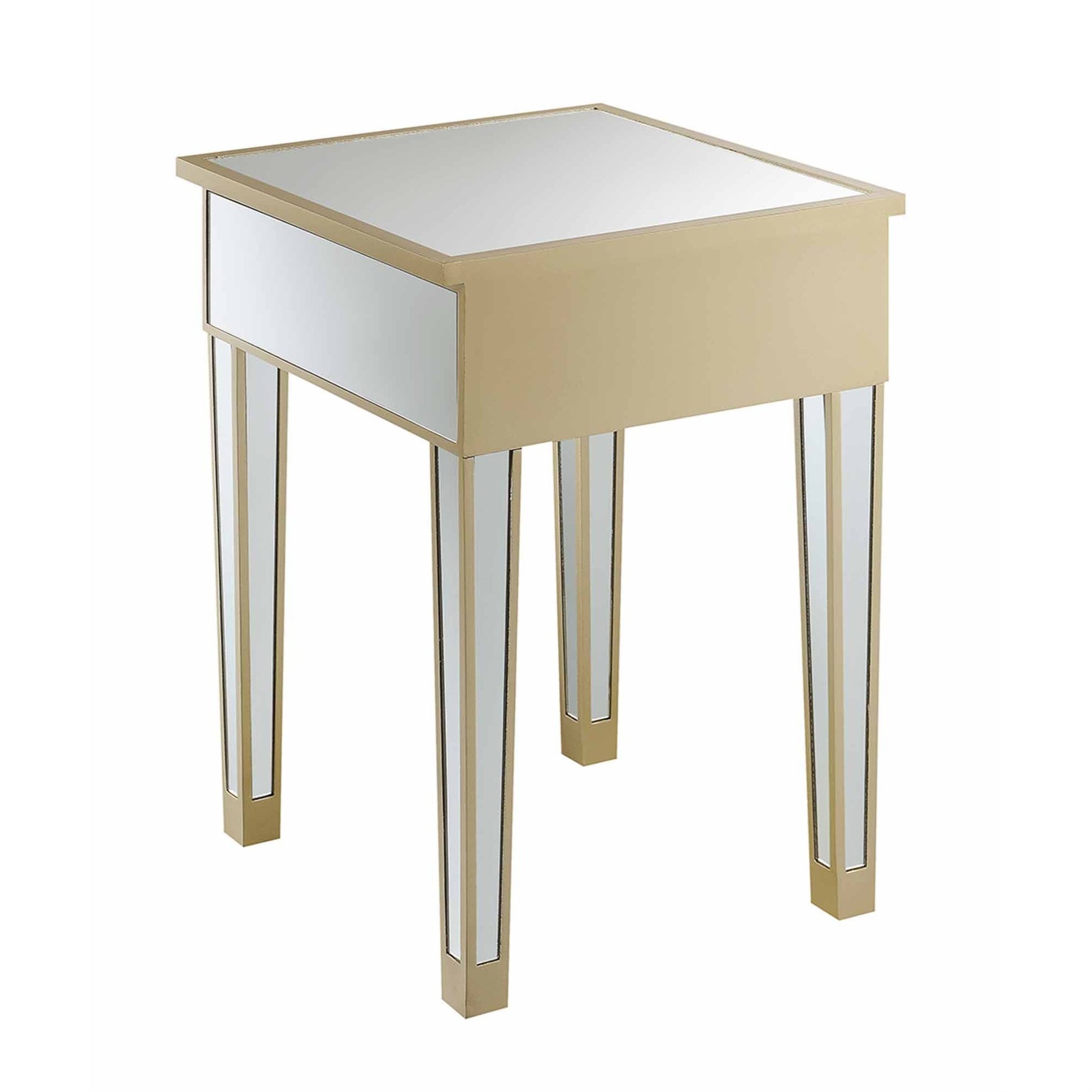 CasaFoyer Gold Coast Mirrored End Table with 1 Drawer - Elegant and Modern Design, Glass Mirror Inlay, Sturdy Fir Wood Base, Faux Crystal Pulls, Discreet Storage.