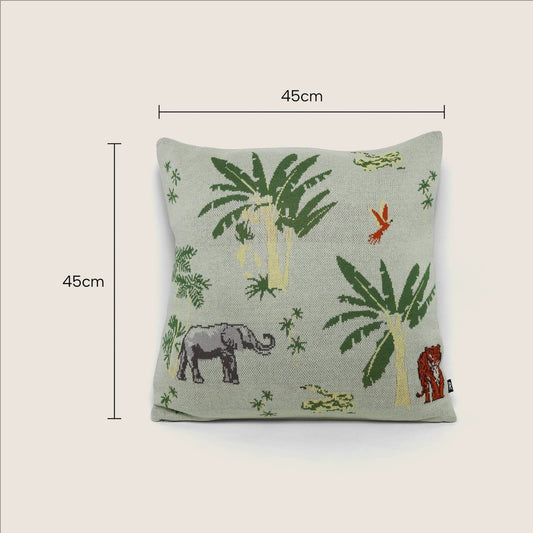Pillowcases, Kitchen & Dining Features | Enchanting Jungle Adventure Kids Cushion - Wild Animals & Palm Trees - 100% Cotton - Zip Opening - 45x45cm - Sage Green | casafoyer.myshopify.com