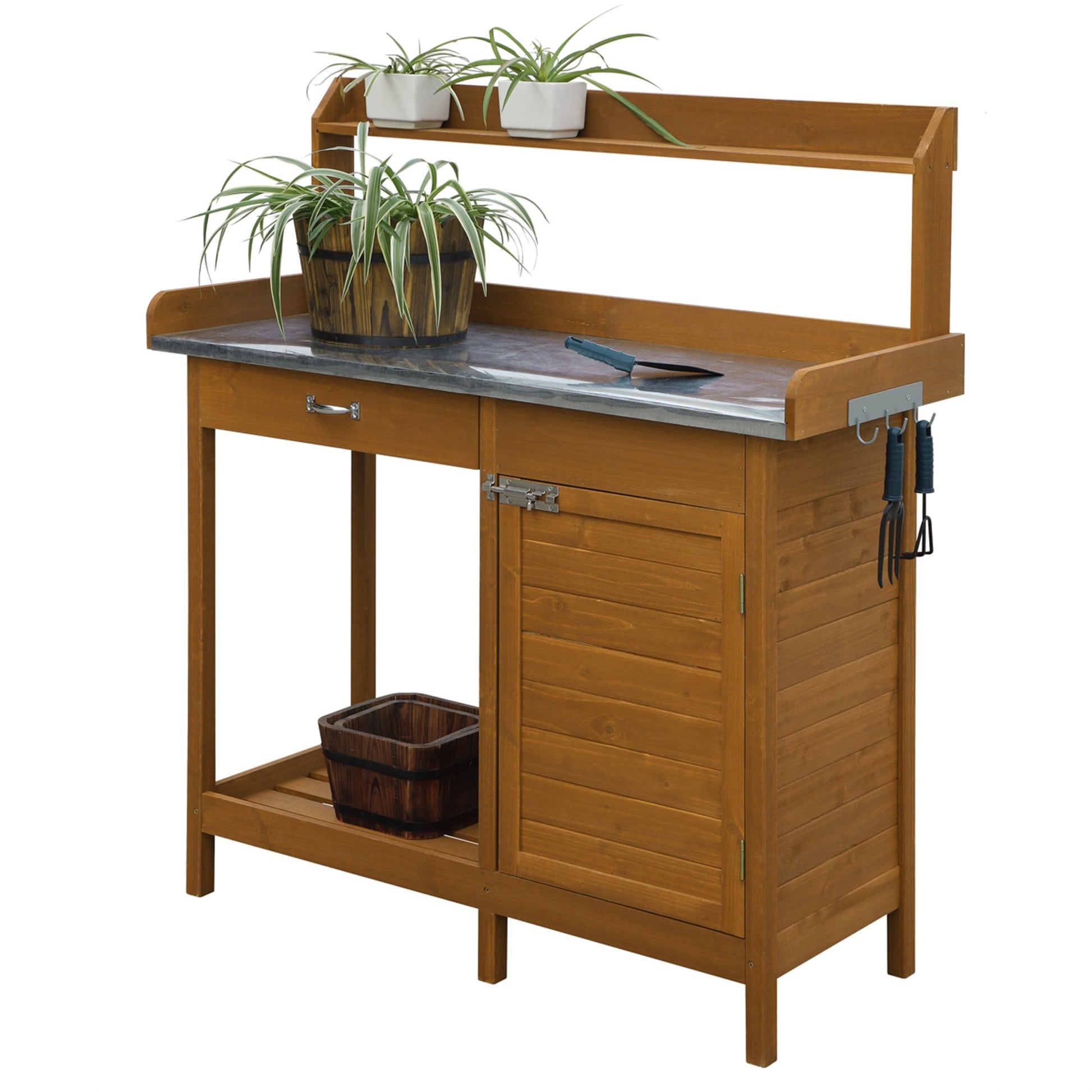 CasaFoyer Deluxe Potting Bench with Storage Cabinet, Shelves, and Drawer - Organize and Complete Gardening Tasks with Ease - Includes Side Hooks for Tool Access