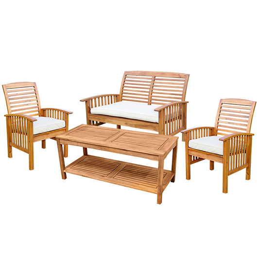 CasaFoyer Delightful 4-Piece Acacia Conversation Set for Patio or Deck - Durable Hardwood, Coffee Table, Loveseat, 2 Chairs, Plush Cushions - Enhance Outdoor Living Space