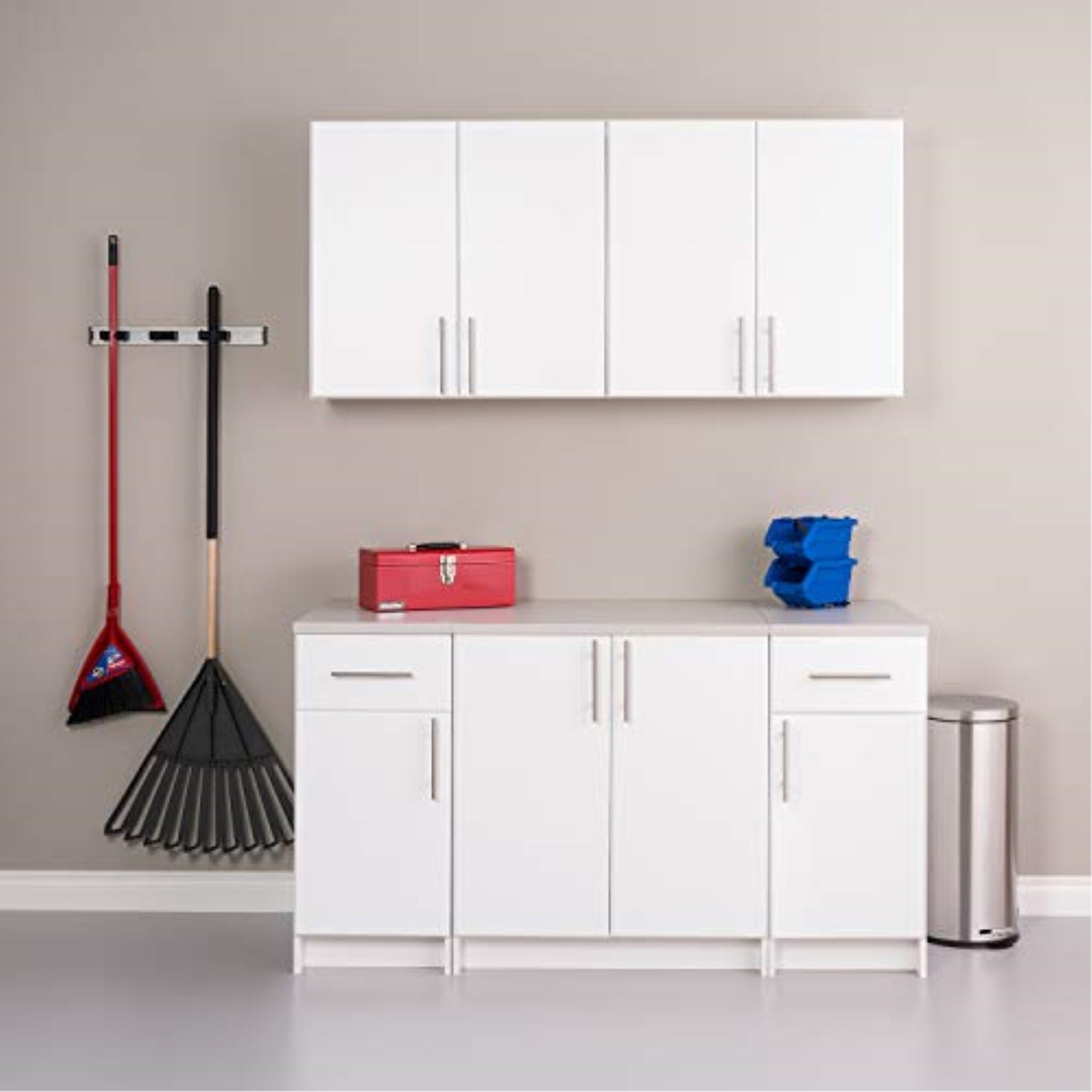 CasaFoyer White Elite 64" Storage Set B - 5pc: Enhance storage in kitchen, entryway, laundry room. Crafted from laminated composite wood with sleek metal handles and adjustable hinges. Expandable with other Elite Collection cabinets.